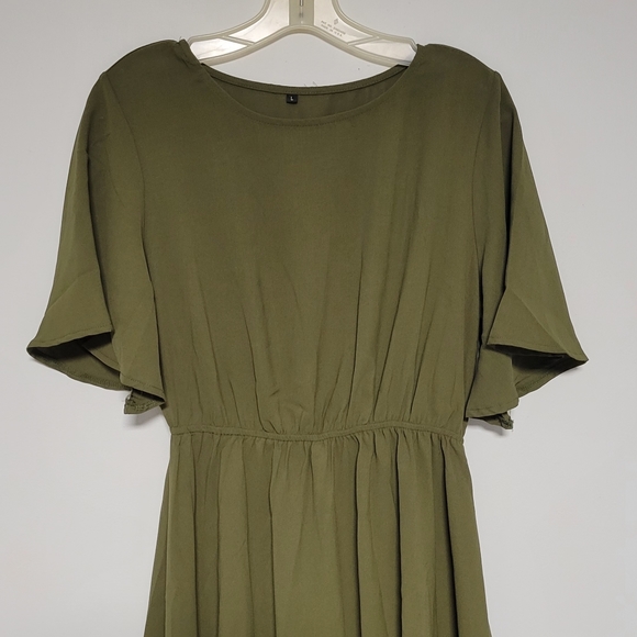 Olive Ruffle Hem Dress Army Green Batwing Sleeve Scoop Neck Asym L - Picture 3 of 7